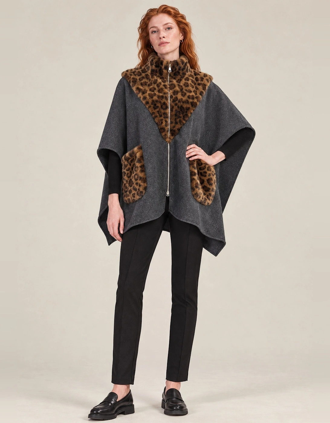 Grey Leopard Faux Fur Trim Cape