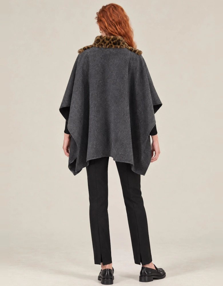 Grey Leopard Faux Fur Trim Cape