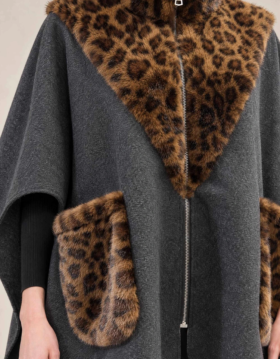 Grey Leopard Faux Fur Trim Cape