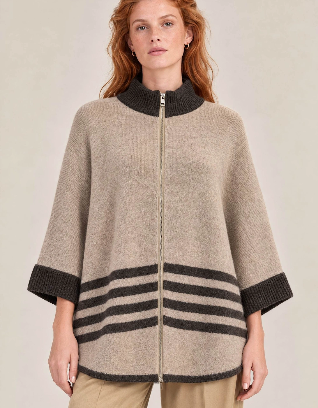 Beige Stripe Zip Knit Cape