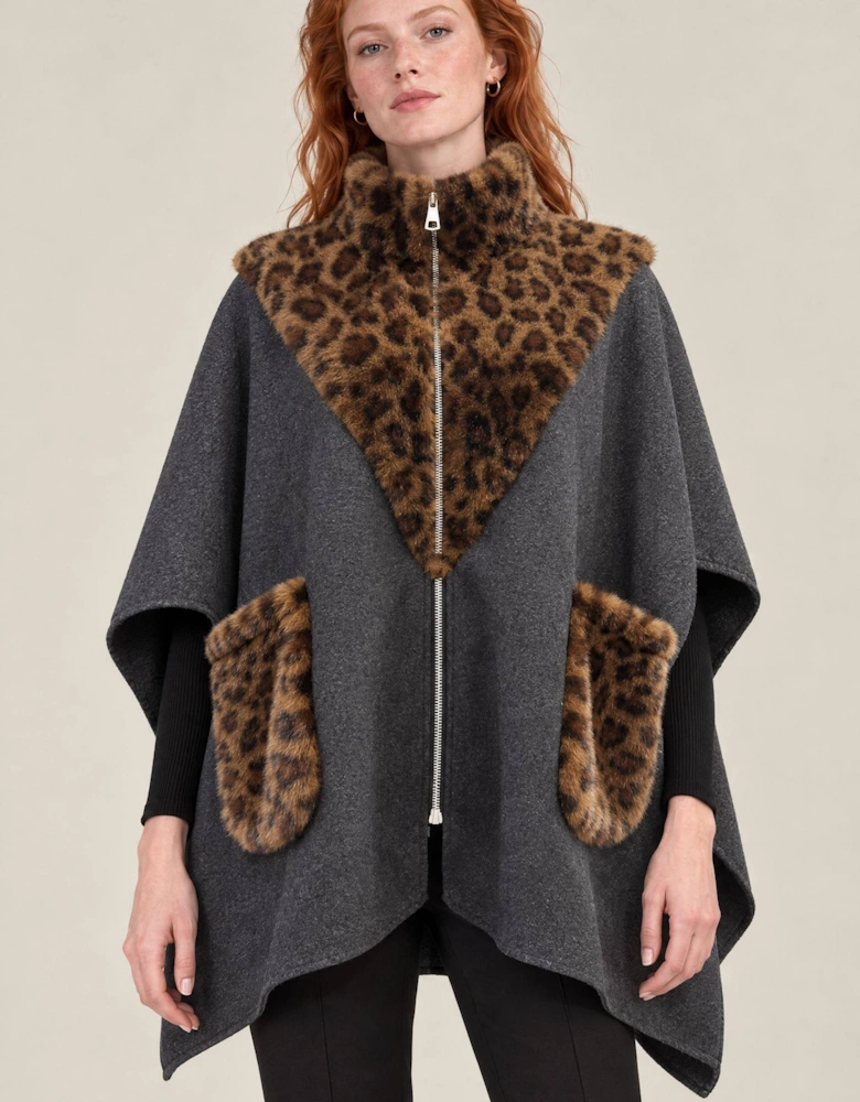 Grey Leopard Faux Fur Trim Cape