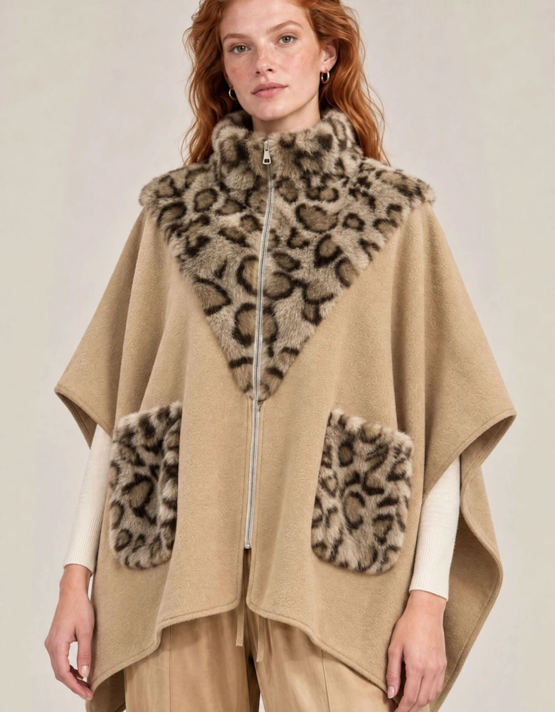 Camel Leopard Faux Fur Trim Cape