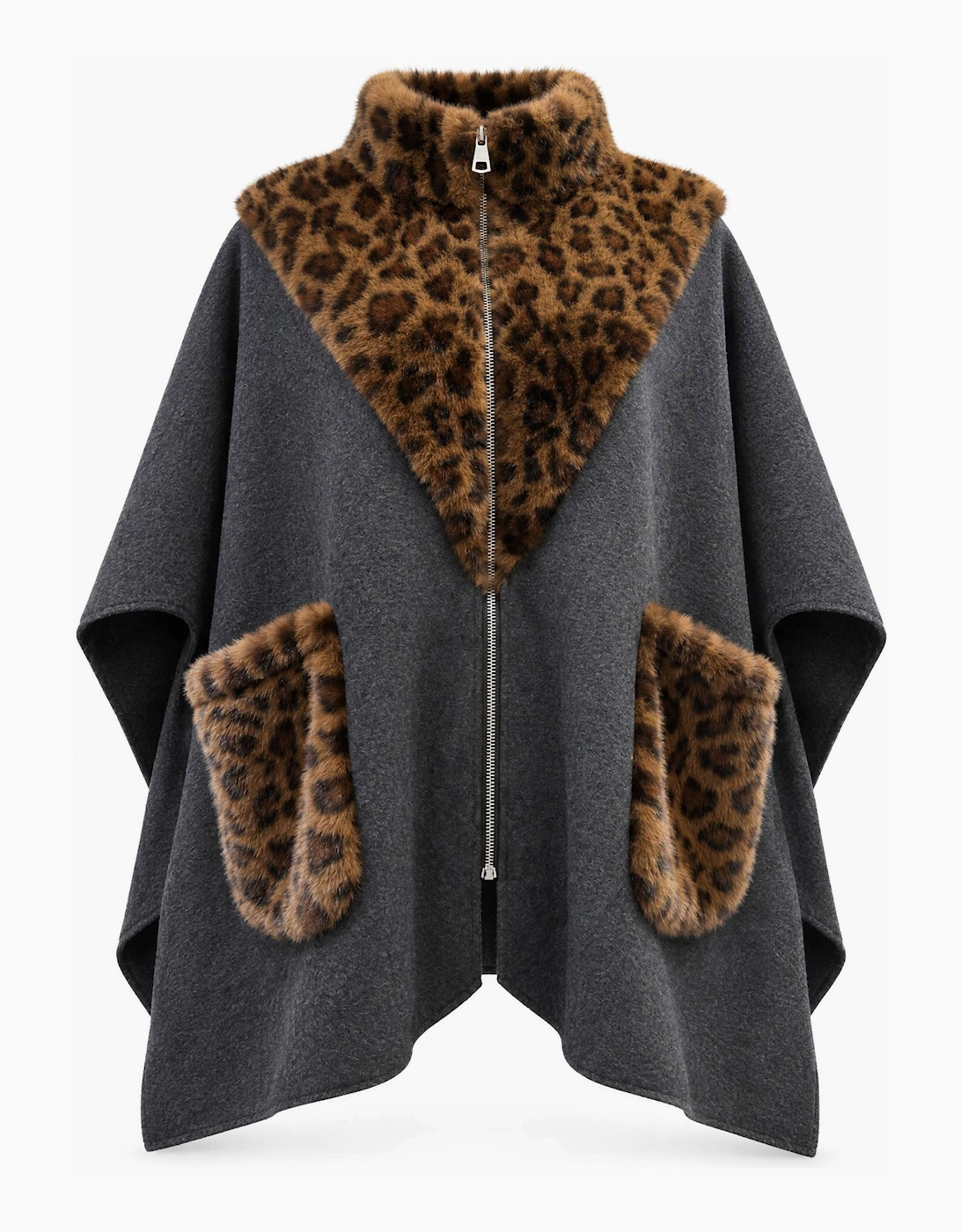 Grey Leopard Faux Fur Trim Cape