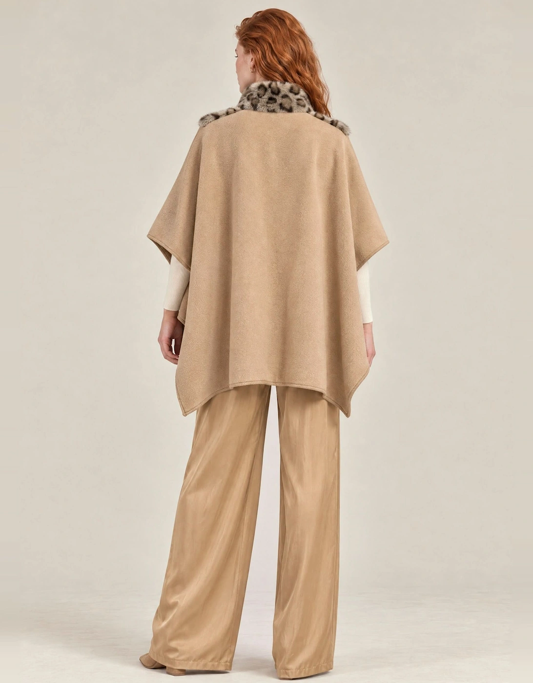 Camel Leopard Faux Fur Trim Cape