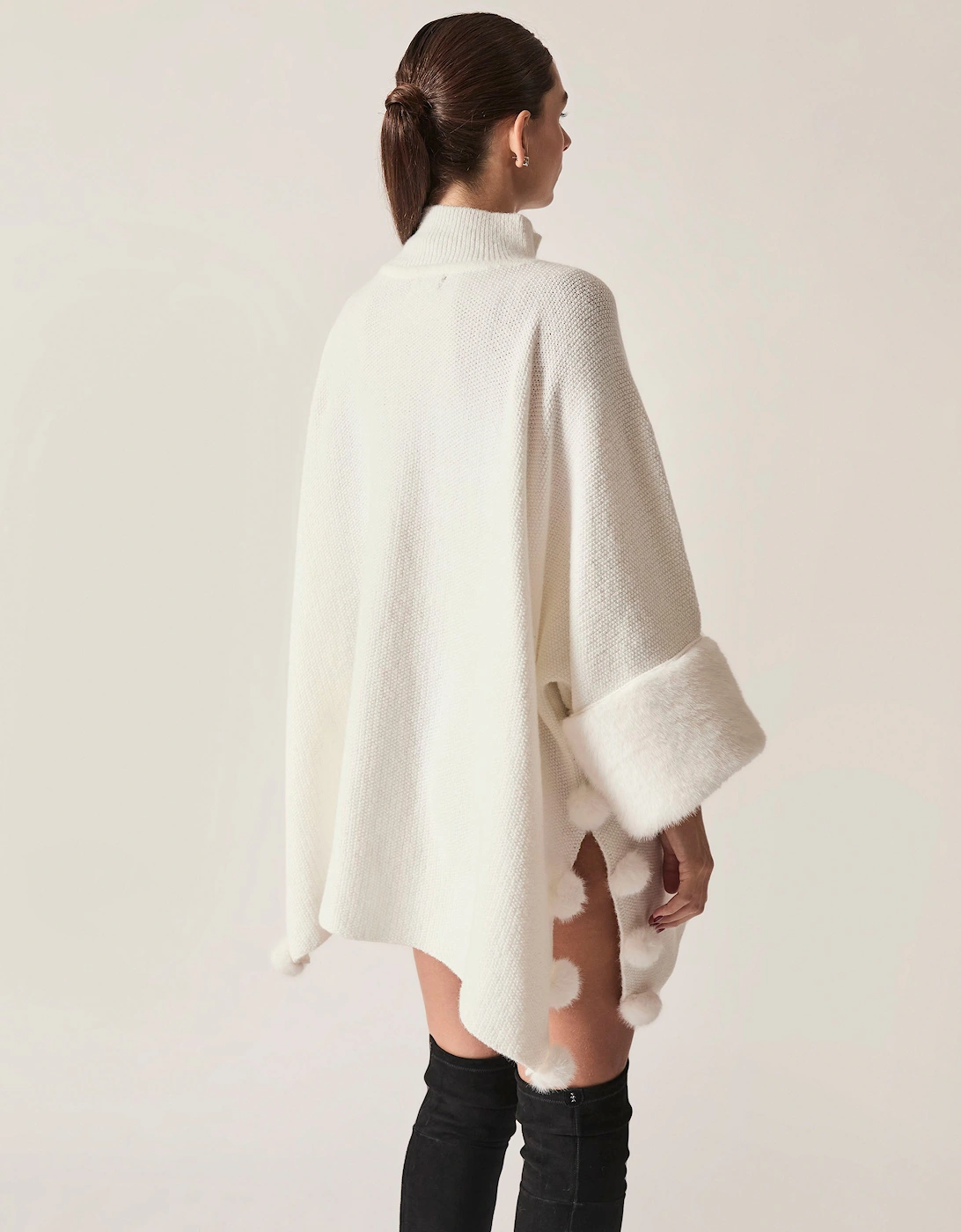 White Pom Pom Faux Fur Knit Poncho