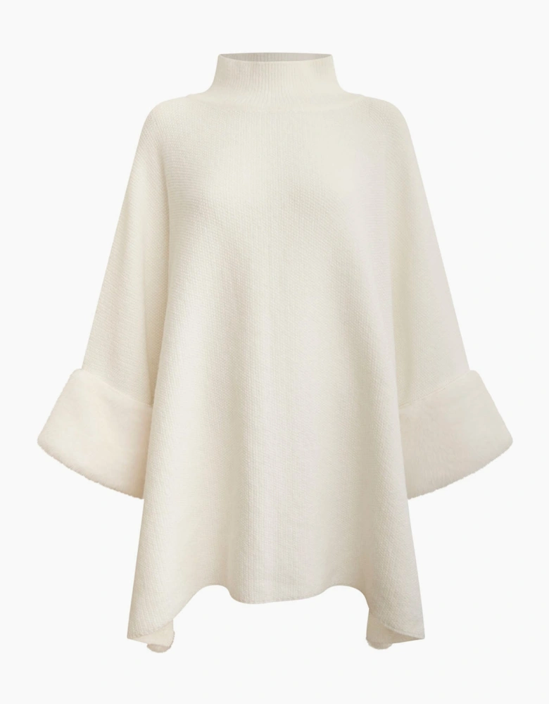 White Pom Pom Faux Fur Knit Poncho