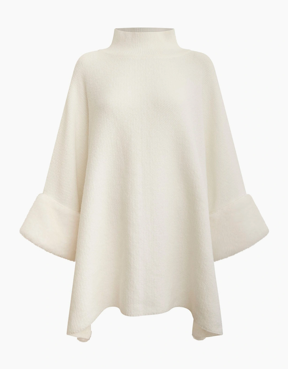 White Pom Pom Faux Fur Knit Poncho