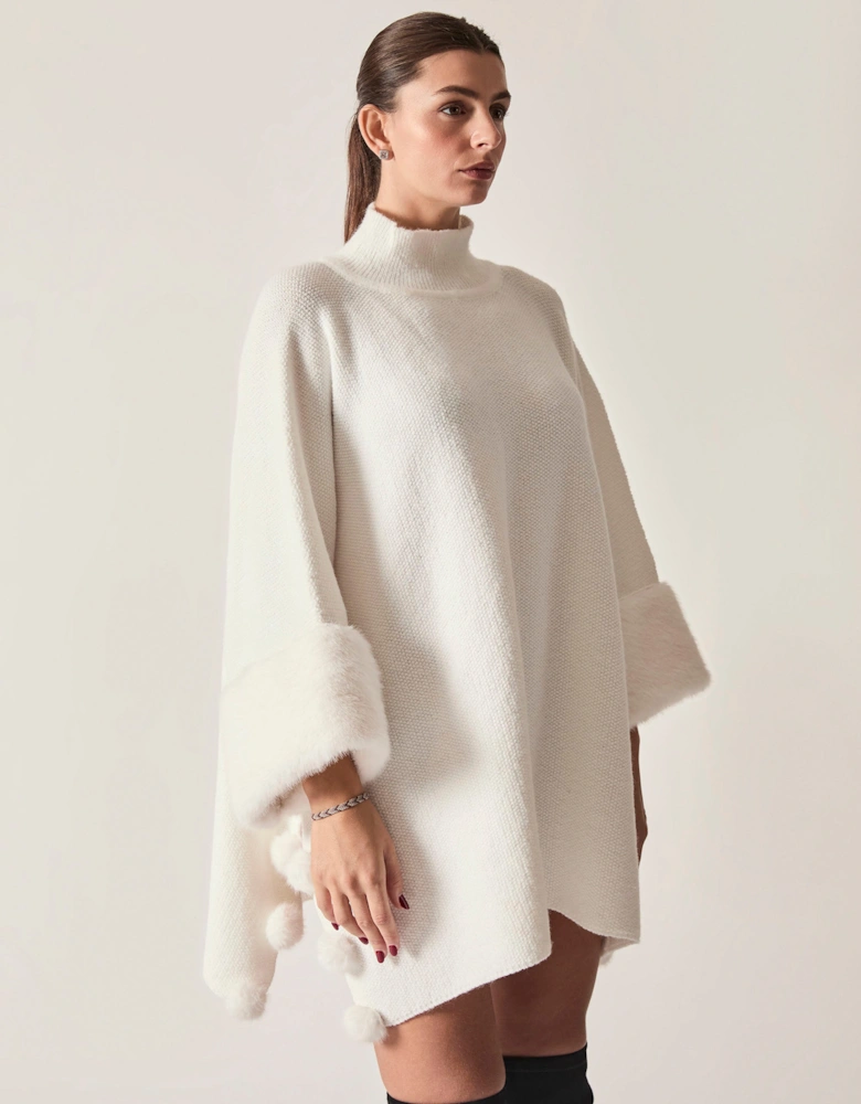 White Pom Pom Faux Fur Knit Poncho