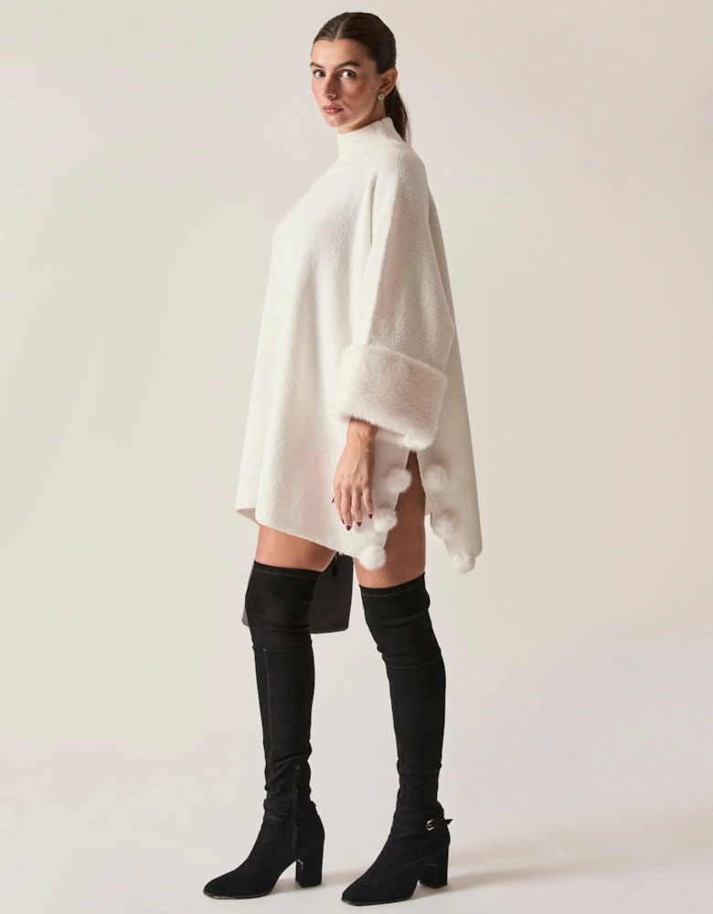 White Pom Pom Faux Fur Knit Poncho