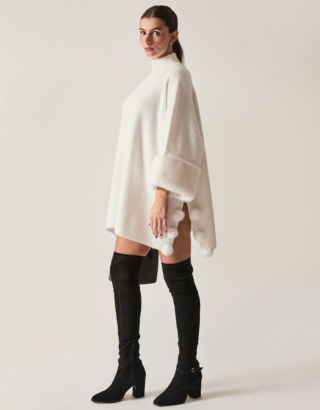White Pom Pom Faux Fur Knit Poncho