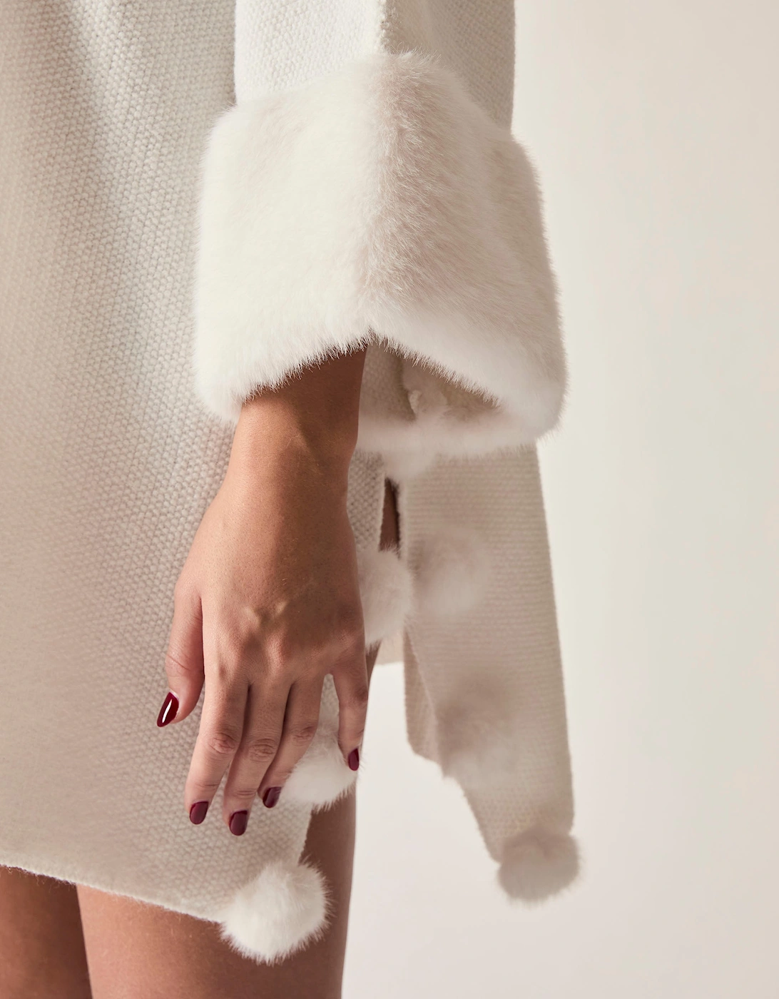 White Pom Pom Faux Fur Knit Poncho