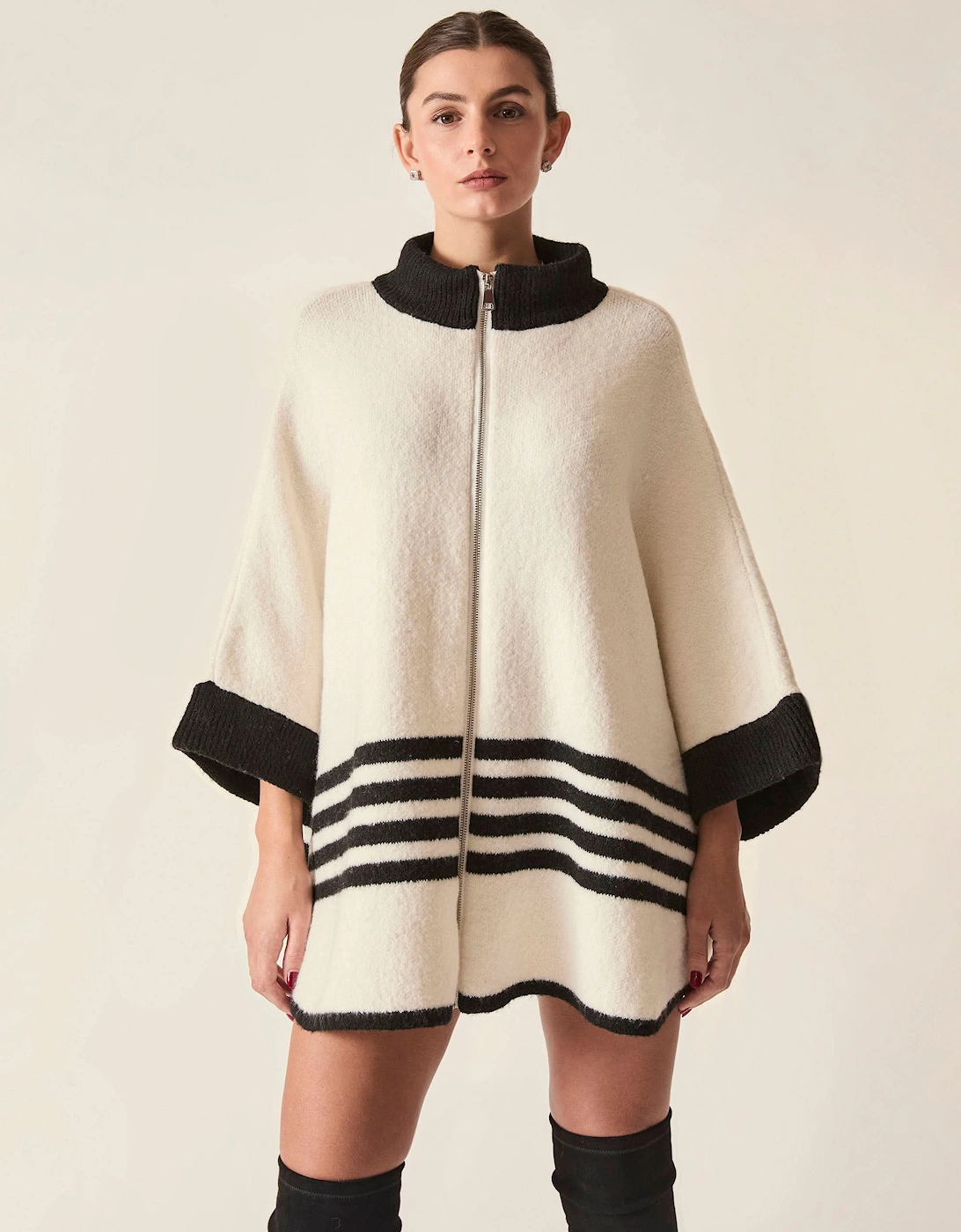 Cream Stripe Zip Knit Cape