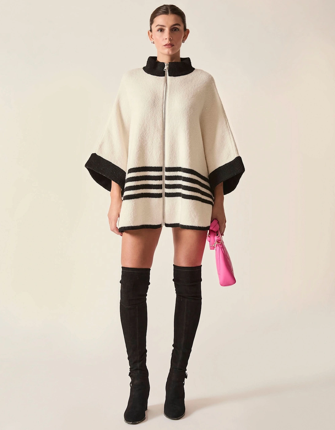 Cream Stripe Zip Knit Cape