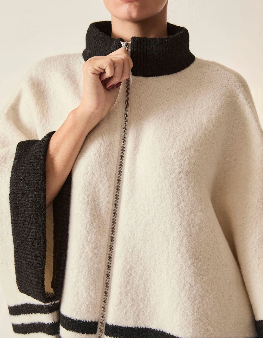 Cream Stripe Zip Knit Cape