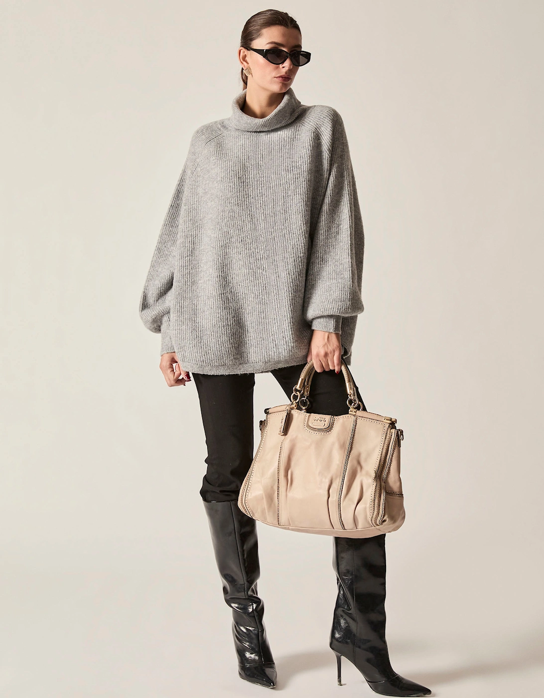Pale Grey Balloon Sleeve Roll Neck Jumper