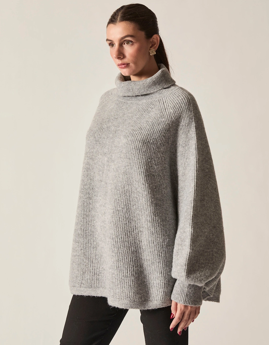 Pale Grey Balloon Sleeve Roll Neck Jumper
