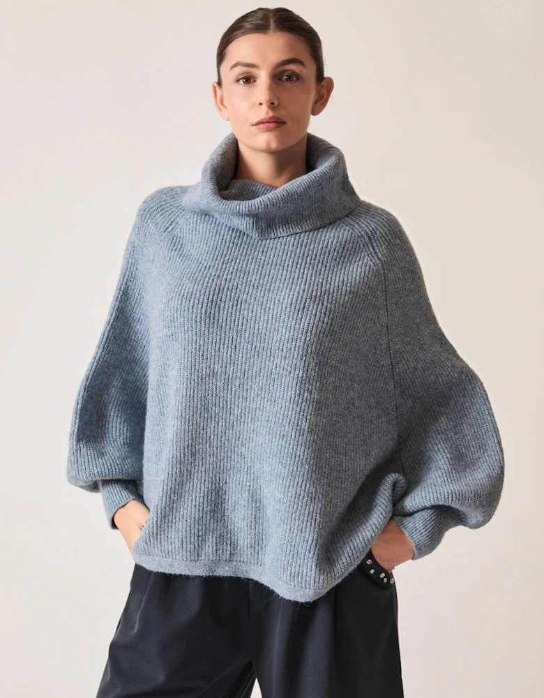 Pale Blue Balloon Sleeve Roll Neck Jumper
