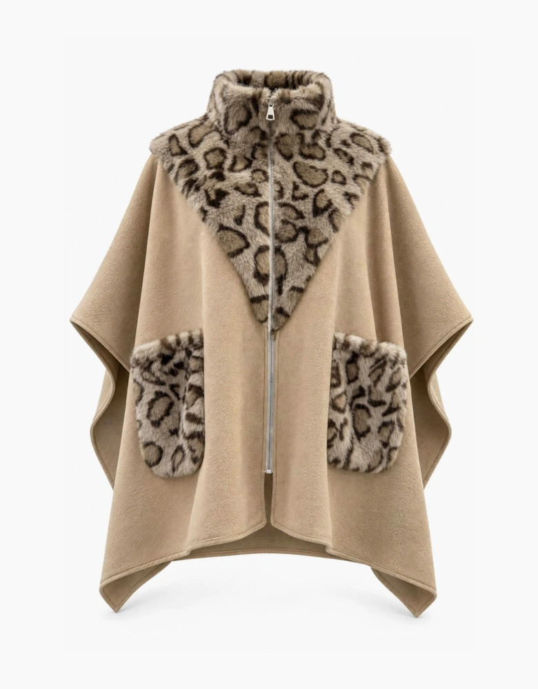 Camel Leopard Faux Fur Trim Cape