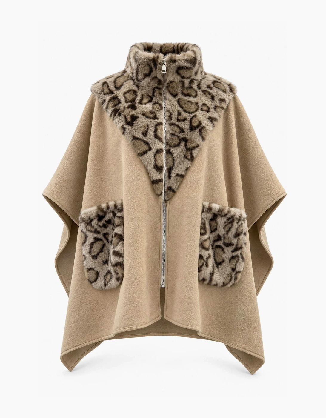 Camel Leopard Faux Fur Trim Cape