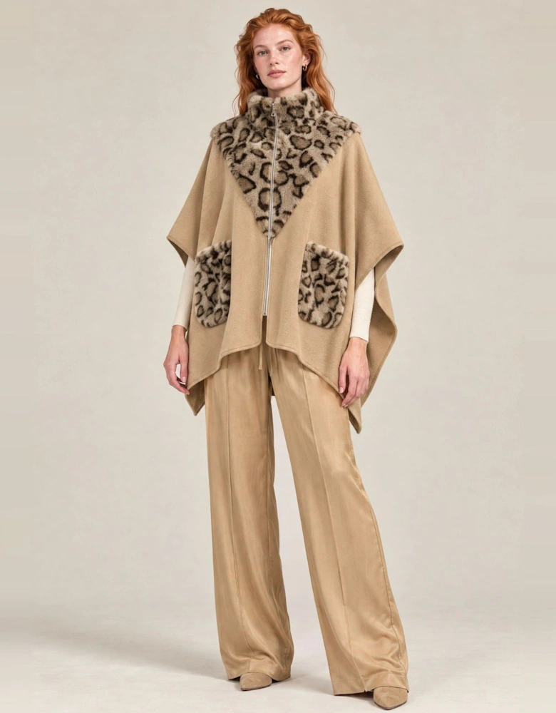 Camel Leopard Faux Fur Trim Cape