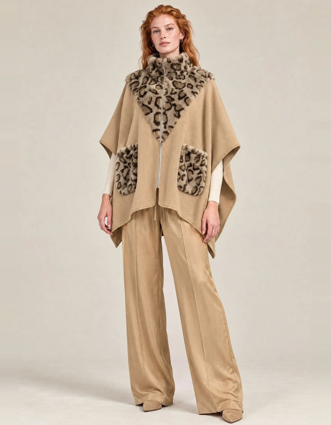 Camel Leopard Faux Fur Trim Cape