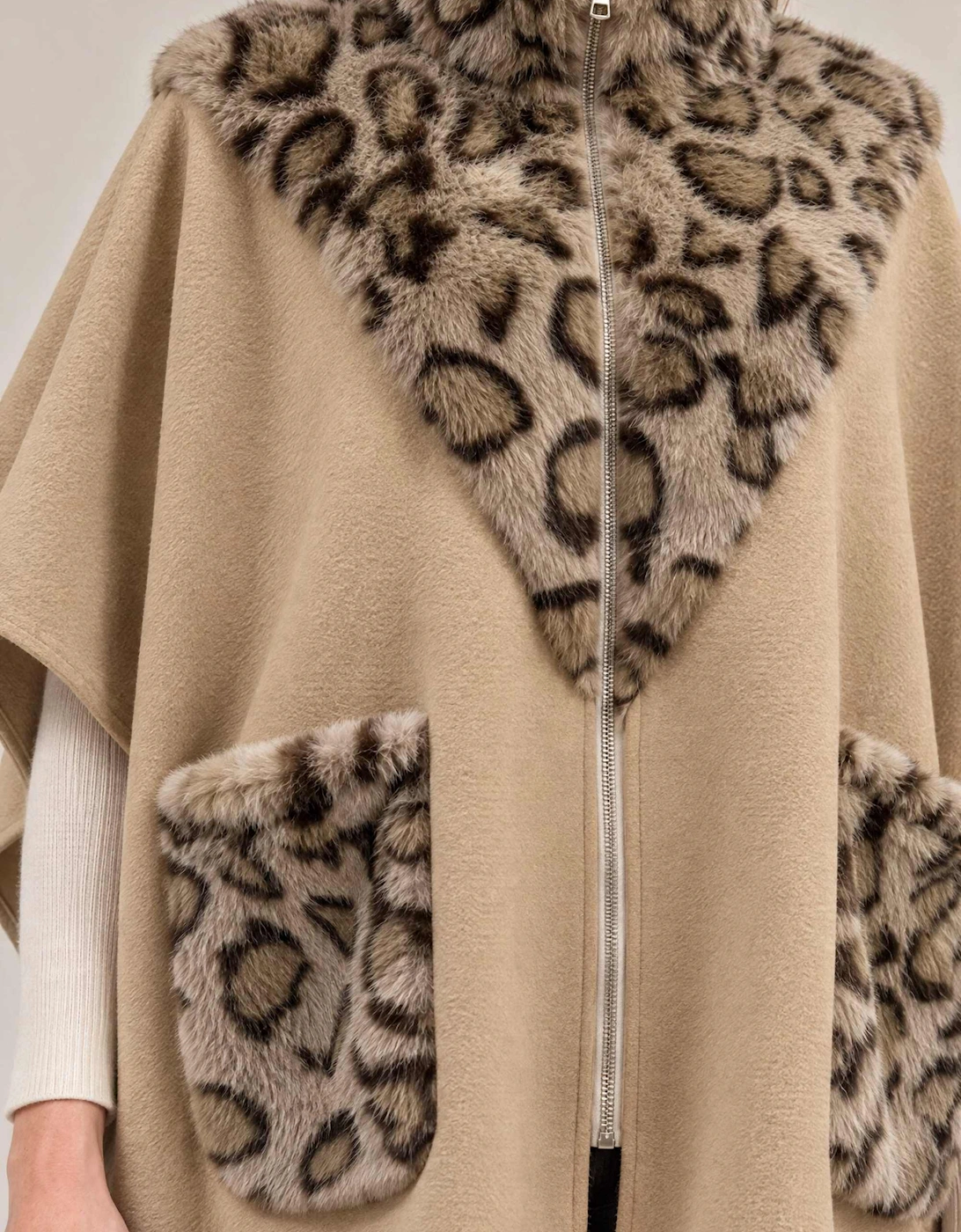 Camel Leopard Faux Fur Trim Cape