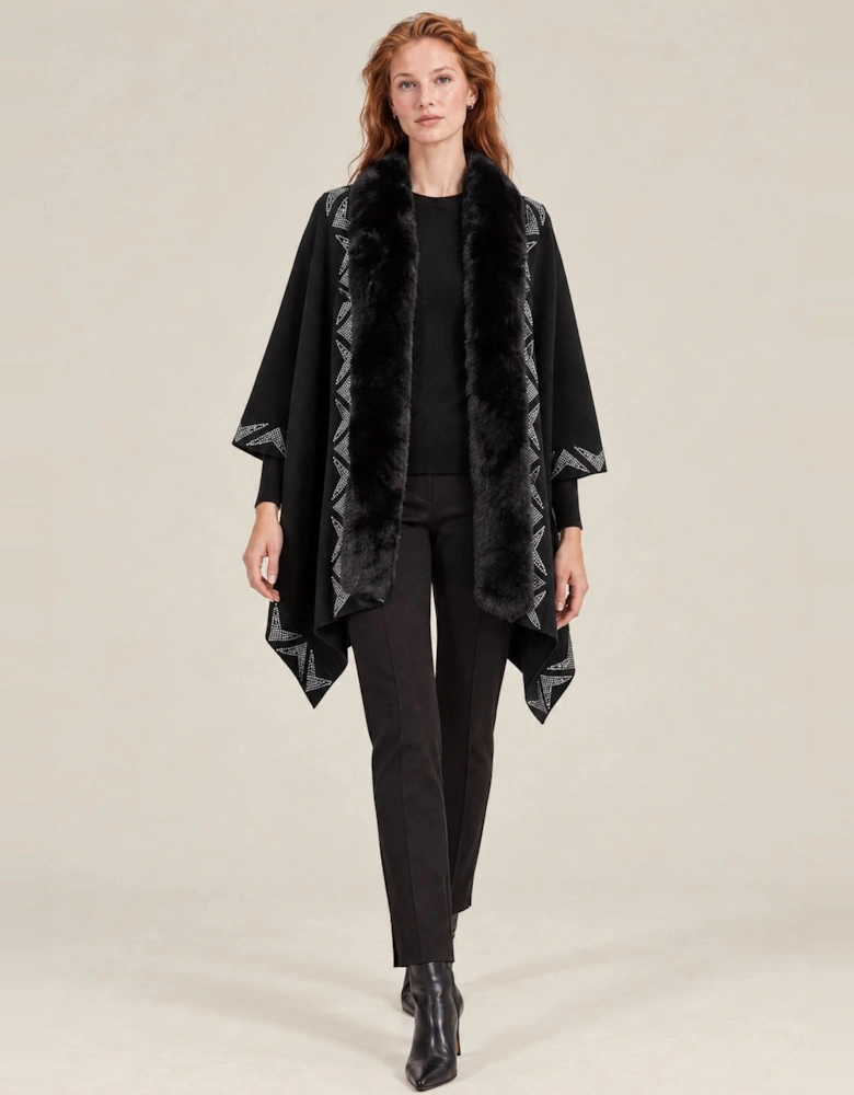 Black Embellished Faux Fur Trim Poncho