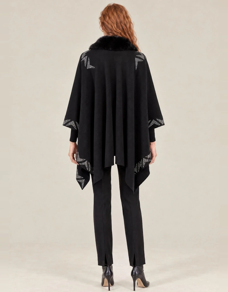 Black Embellished Faux Fur Trim Poncho