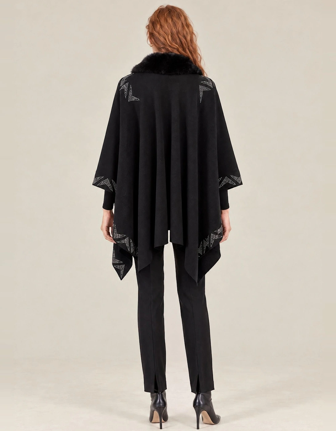 Black Embellished Faux Fur Trim Poncho