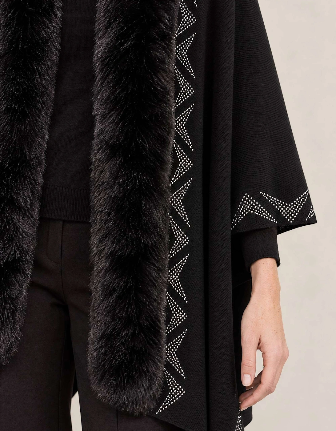 Black Embellished Faux Fur Trim Poncho