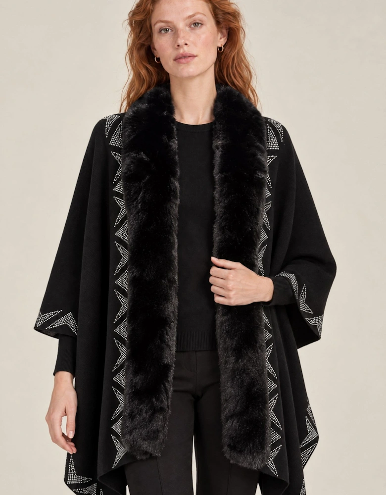 Black Embellished Faux Fur Trim Poncho