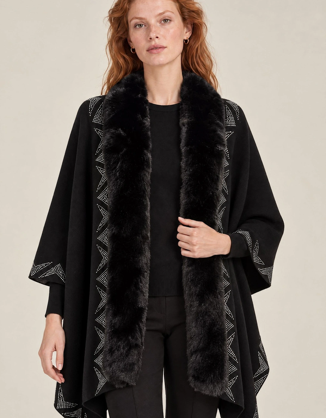 Black Embellished Faux Fur Trim Poncho
