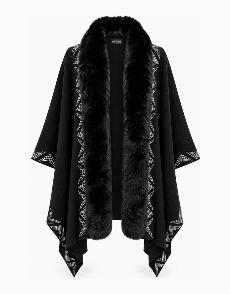 Black Embellished Faux Fur Trim Poncho