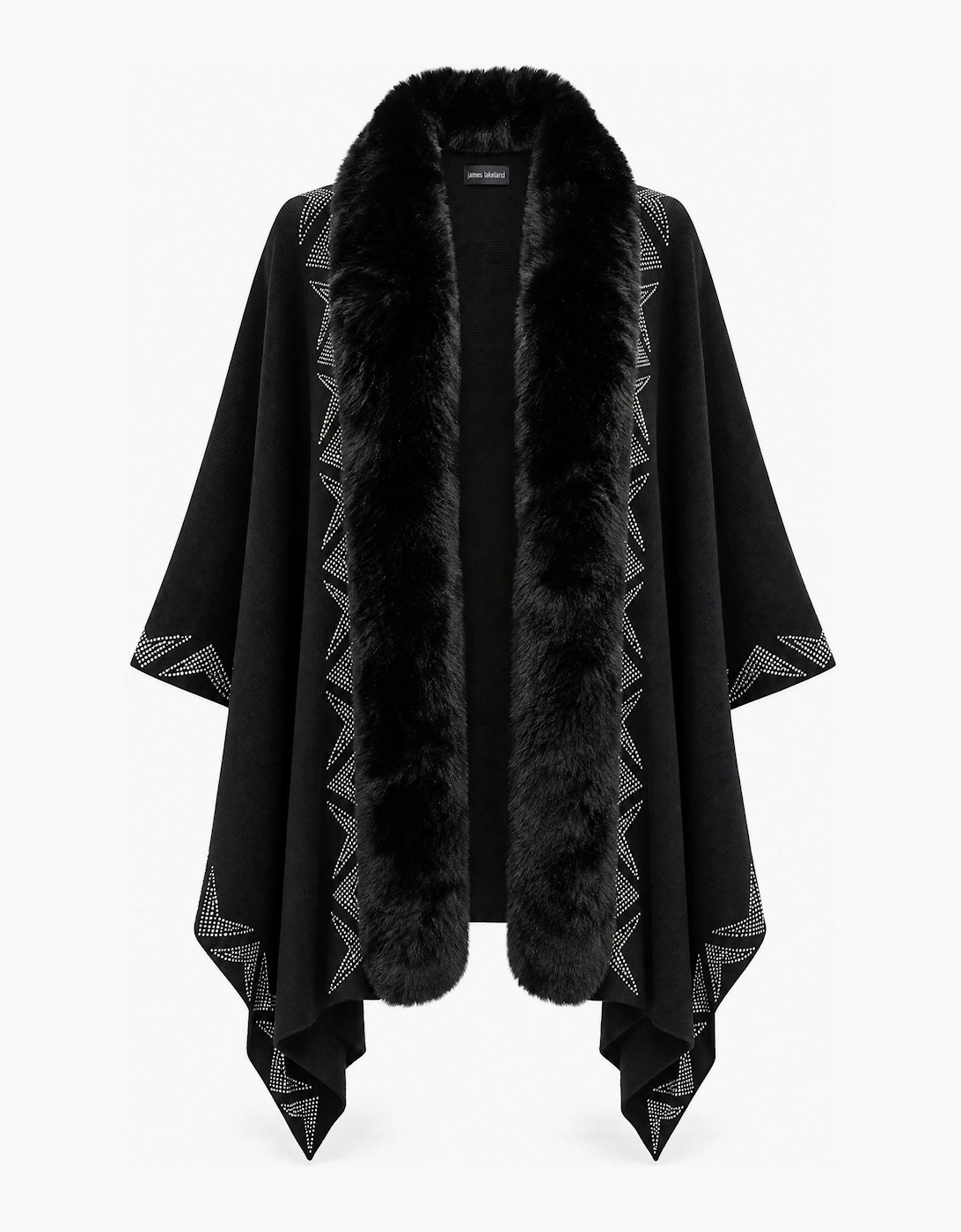 Black Embellished Faux Fur Trim Poncho