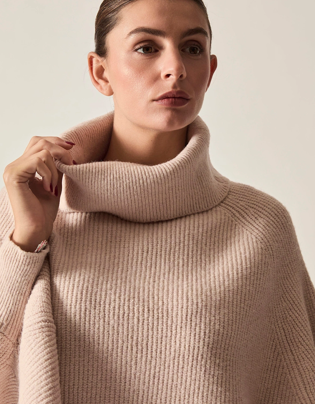Pale Pink Balloon Sleeve Roll Neck Jumper