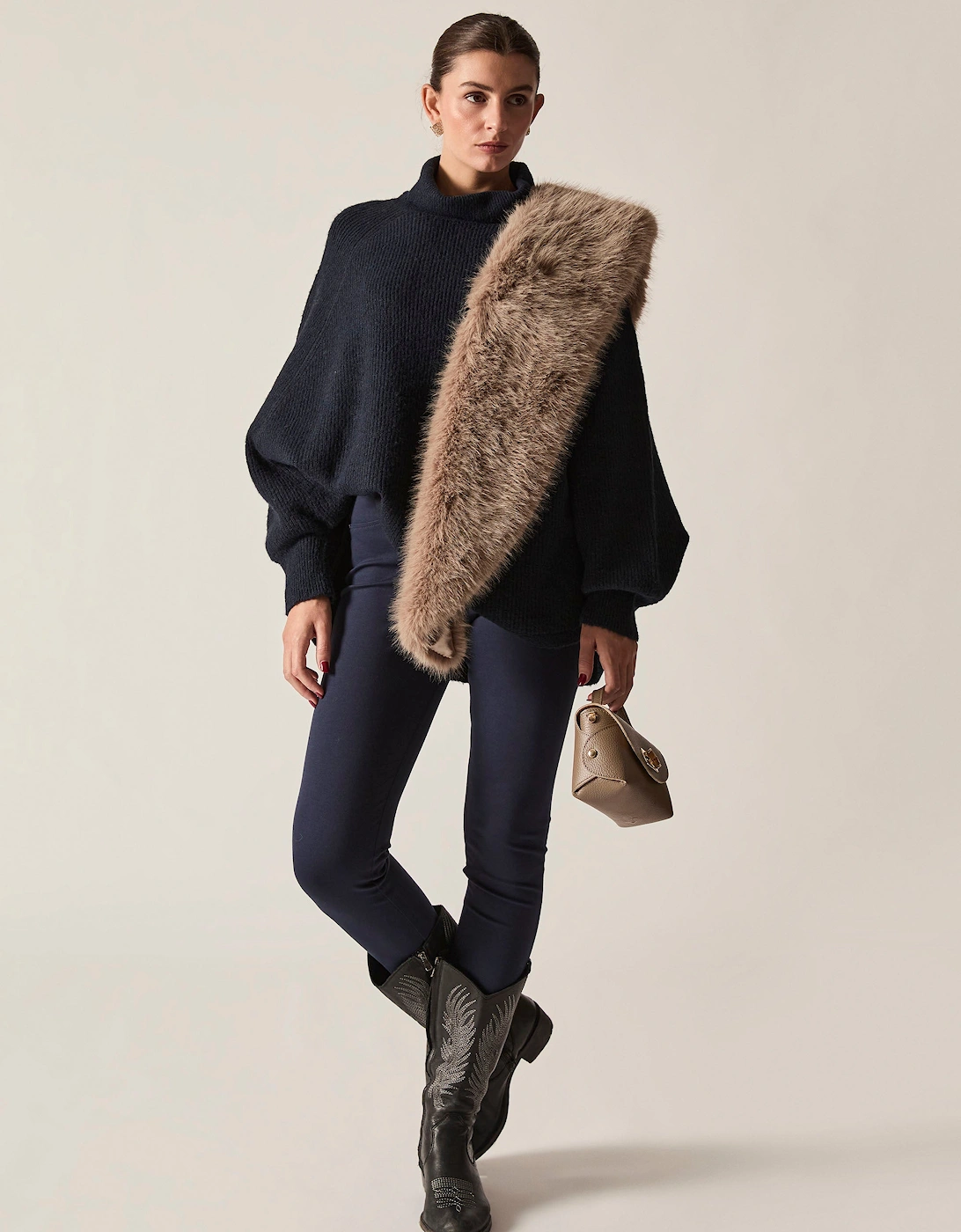 Navy Balloon Sleeve Roll Neck Jumper