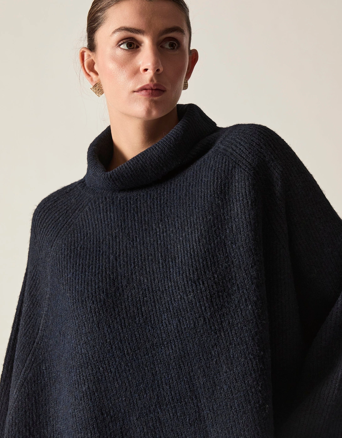 Navy Balloon Sleeve Roll Neck Jumper