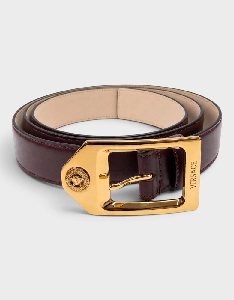 Medusa Calf Leather Belt Gold Tone Buckle Burgundy Dark Red