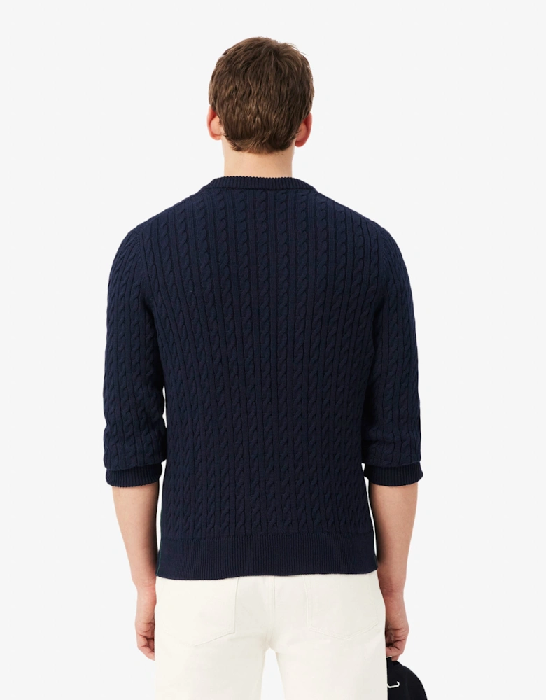Lacoste Cable Knit Mens Cotton Jumper - Navy Blue/Green 802