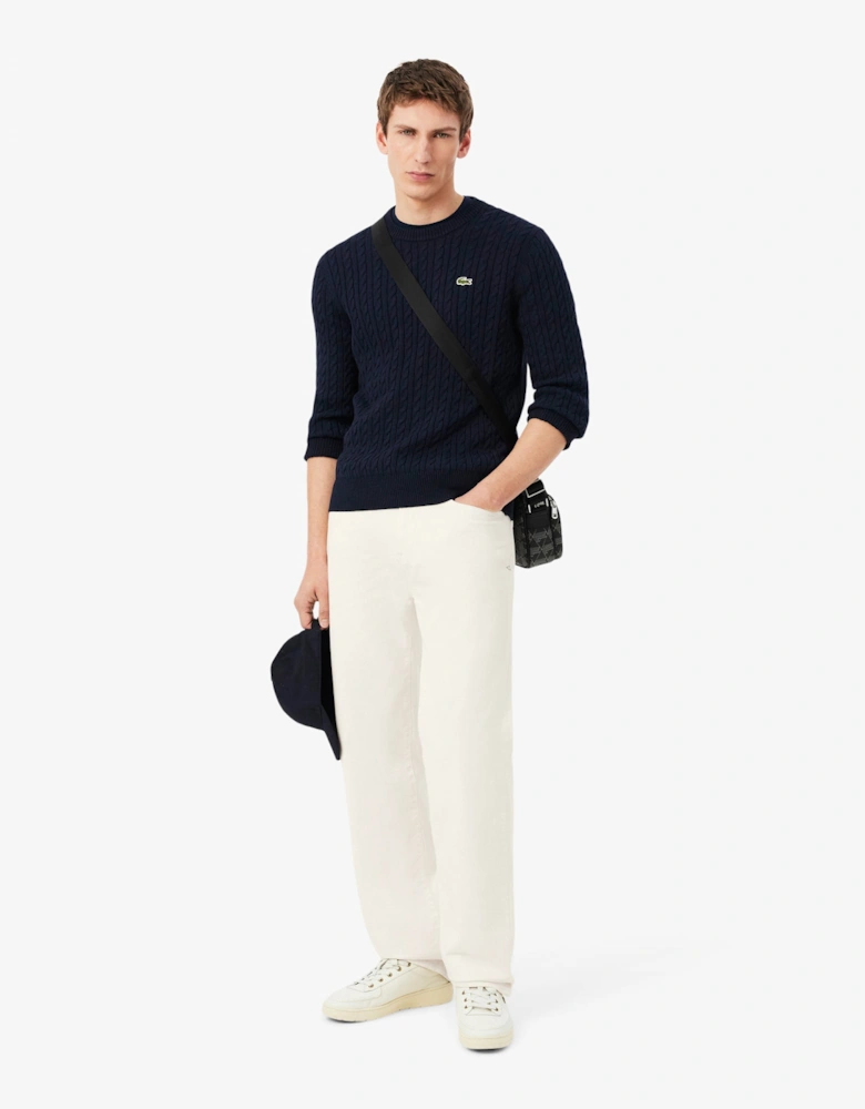 Lacoste Cable Knit Mens Cotton Jumper - Navy Blue/Green 802
