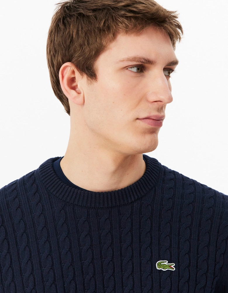 Lacoste Cable Knit Mens Cotton Jumper - Navy Blue/Green 802