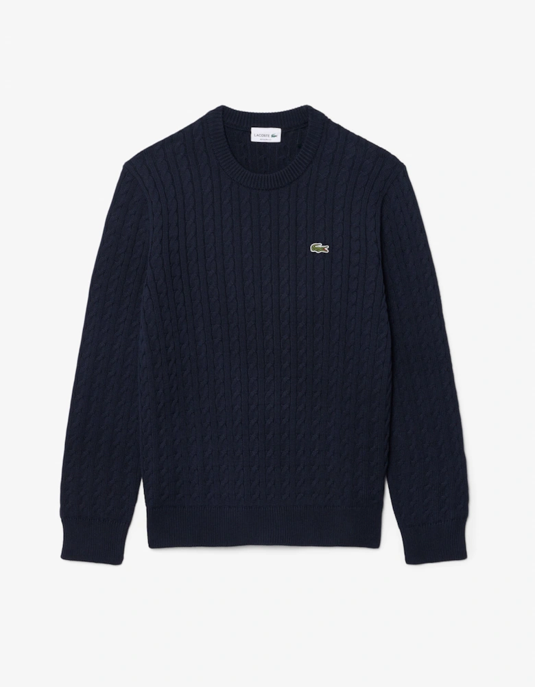 Lacoste Cable Knit Mens Cotton Jumper - Navy Blue/Green 802