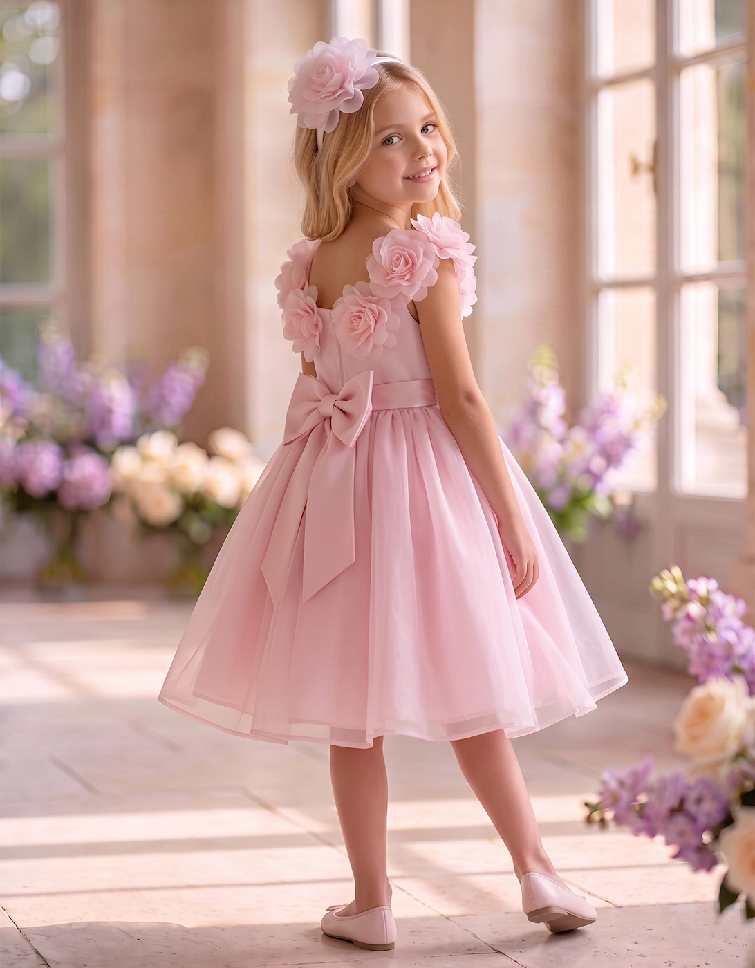 DRESS & Fleur Girls Embellished Tulle Dress with Headband in Pink