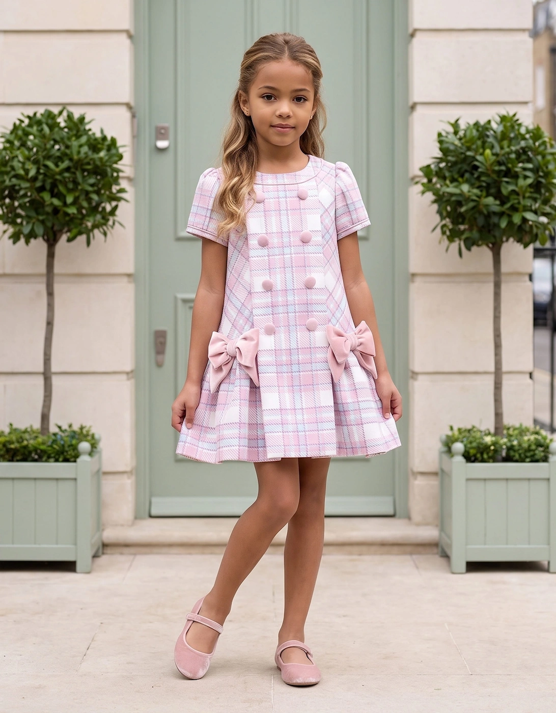 DRESS & Fleur Girls Check and Bow Dress in Pink