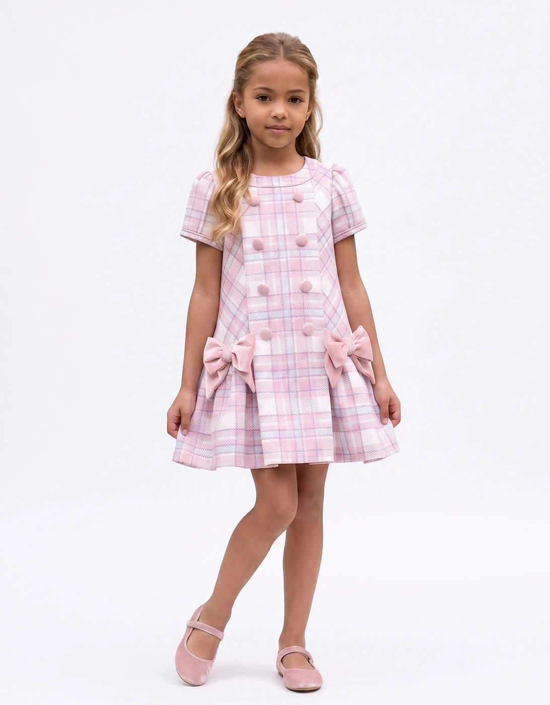 DRESS & Fleur Girls Check and Bow Dress in Pink