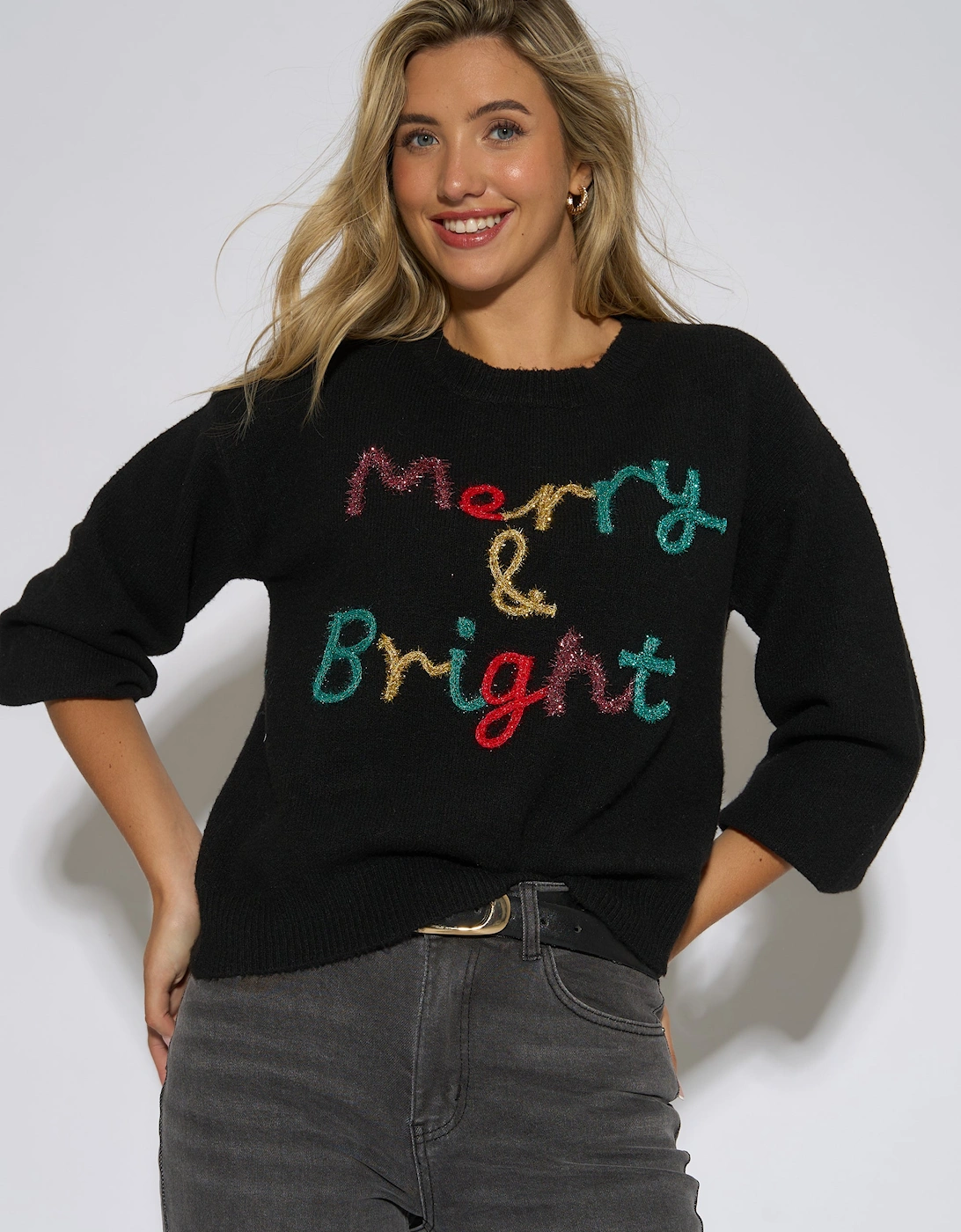 Gini London Women's Black Merry And Bright Christmas Jumper - Size S-M UK 8-10/Us 4-6/Eu 36-38
