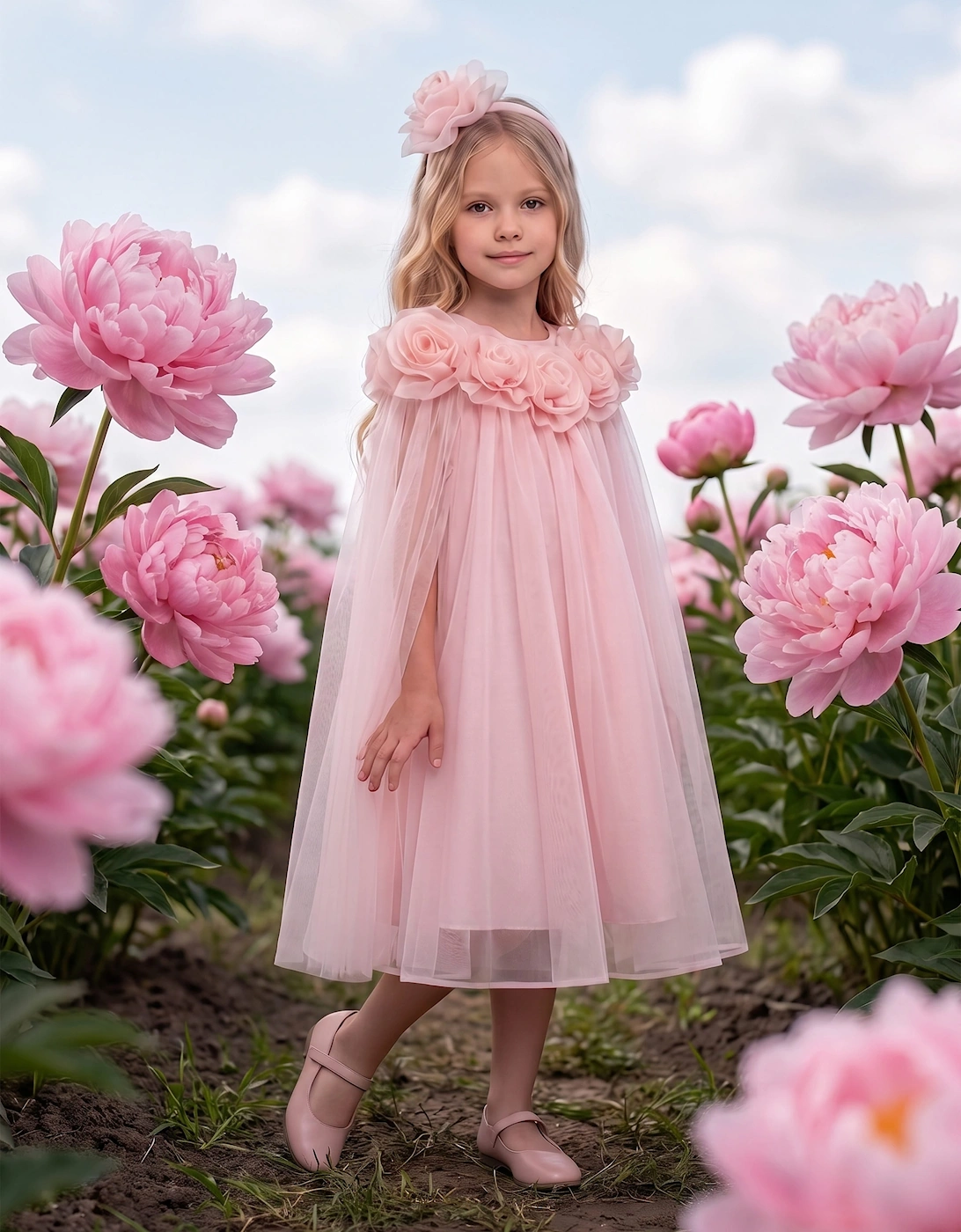DRESS & Fleur Girls Chiffon Dress and Cape with Headband in Pink