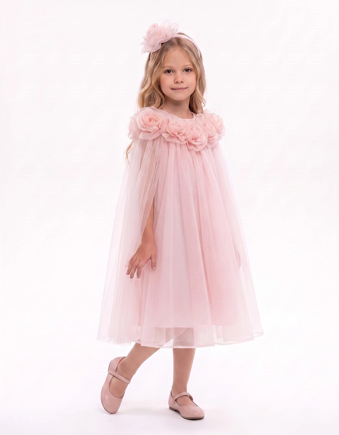 DRESS & Fleur Girls Chiffon Dress and Cape with Headband in Pink