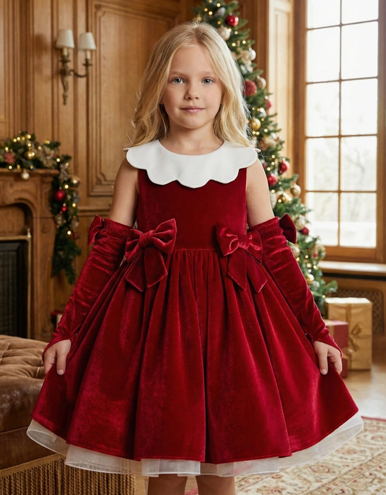 DRESS & Fleur Girls Scalloped Neck Dress with Gloves in Red