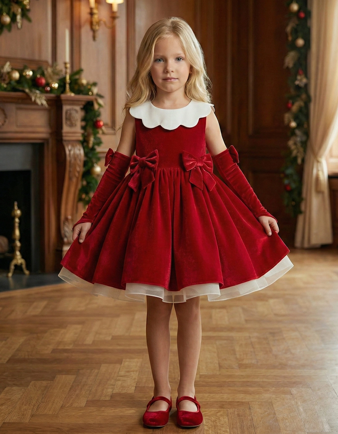 DRESS & Fleur Girls Scalloped Neck Dress with Gloves in Red
